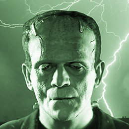 Frankenstein image with lightning behind.