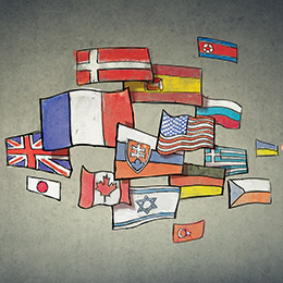 A cartoon representation of a number of countries flags.