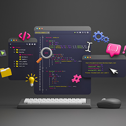 Digital image of a computer screen with coding on it, and various icons representing exploring, ideas, how things work and code.