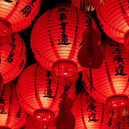 A photo of a number of Chinese balloons with Chinese script on them.