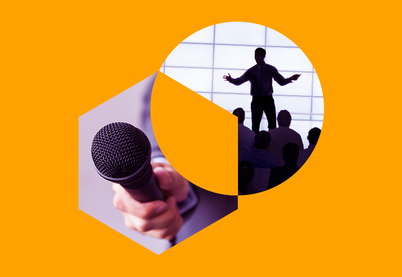 A banner with an image of a microphone and a person completing a presentation.