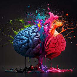 Digital image of a colourful brain, with a paint explosion, representing creative idea generation.